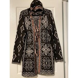 Cliche' Cardigan Sweater Womens Large Black Hooded Fringe Boho Tribal Knit